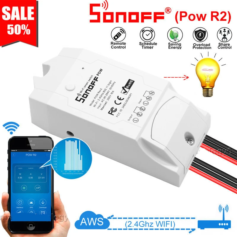Sonoff Pow R2, базовое приложение, дистанционное управление, умный Wifi переключатель, управление, Лер, умный дом, устройство Domotica, работает с Google Home Alexa