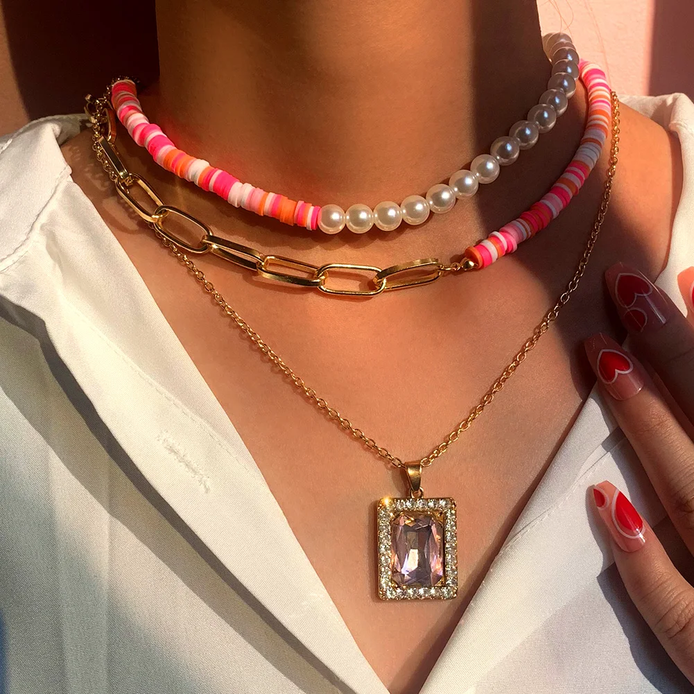 

Trendy Pink Square Crystal Clay Beaded Choker Necklace For Women Double Layer Soft Polymer Pearl Beads Chain Asymmetry Jewelry