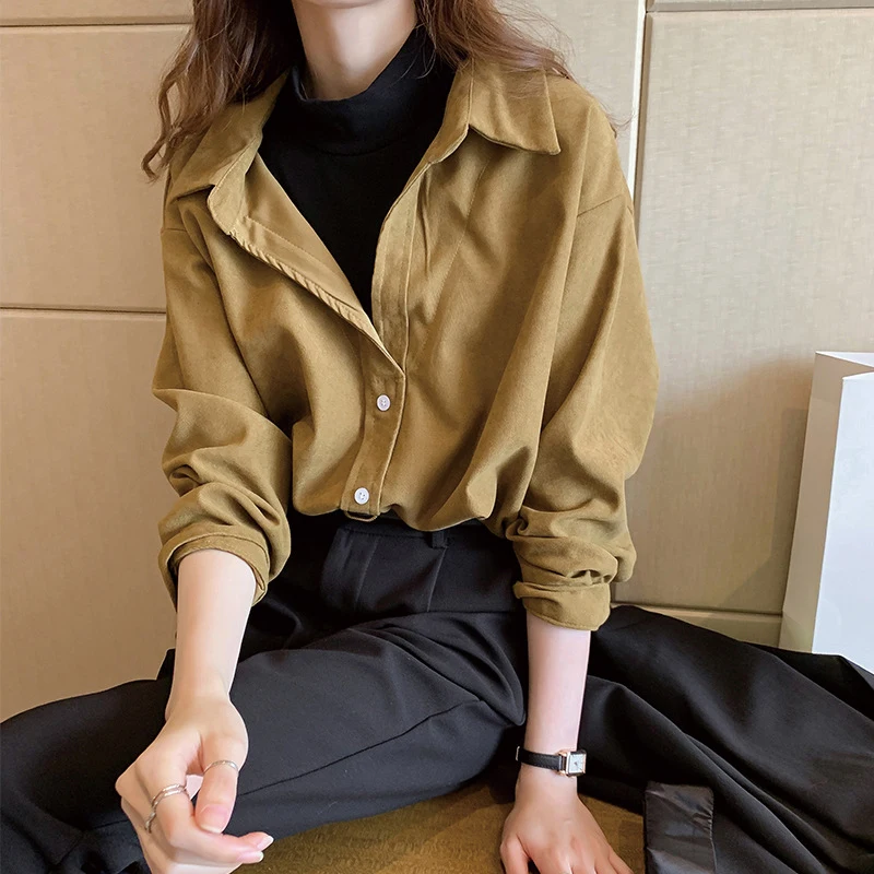 

Fashion Women Blouses 2020 Spring Autumn Corduroy Splice Fake Two Piece Shirt Vintage Loose Turn Down Collar Blouse Women