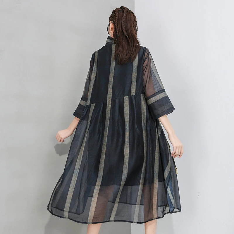 [EAM] женское Полосатое Сетчатое платье с разрезом новая водолазка рукавом три