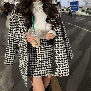 Leiouna Two 2 Piece Set Retro Houndstooth Channel Style Mid-length Coat High Waist Skirt Winter Suit in India