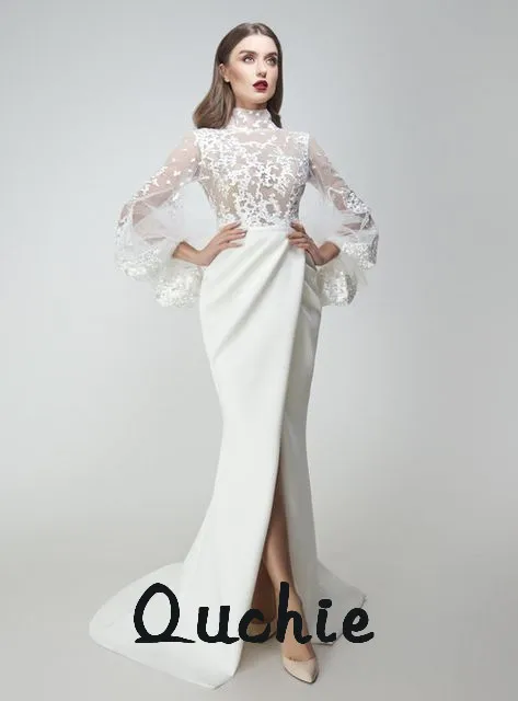 

White Evening Dress Puff Sleevs High Slit Lace Ivory Special Occasion robe soiree Islamic Dubai Kaftan Saudi Arabic Prom Gown