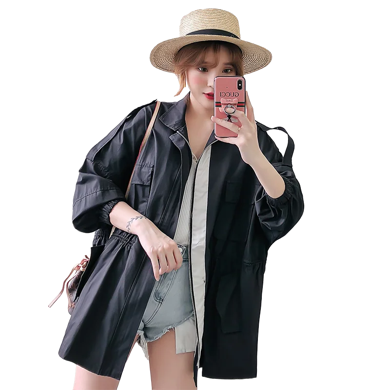 

Korean Style Mid-Length Drawstring Jacket For Women Casual Bat Sleeved Solid Color Women's Windbreaker Casaco Feminino