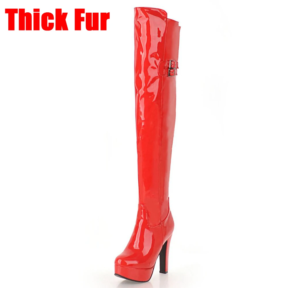 red 1 thick fur BONJOMARISA 32-48 модные сапоги до бедра из лакированной искусственной кожи женские вечерние ботфорты выше колена женская обувь на платформе и высоком каблуке - Цвет: red 1 thick fur