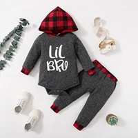 baby boy 2 piece knit hooded romper sets casual printing check outfitset pants boys long sleeve pullover elastic waist romper