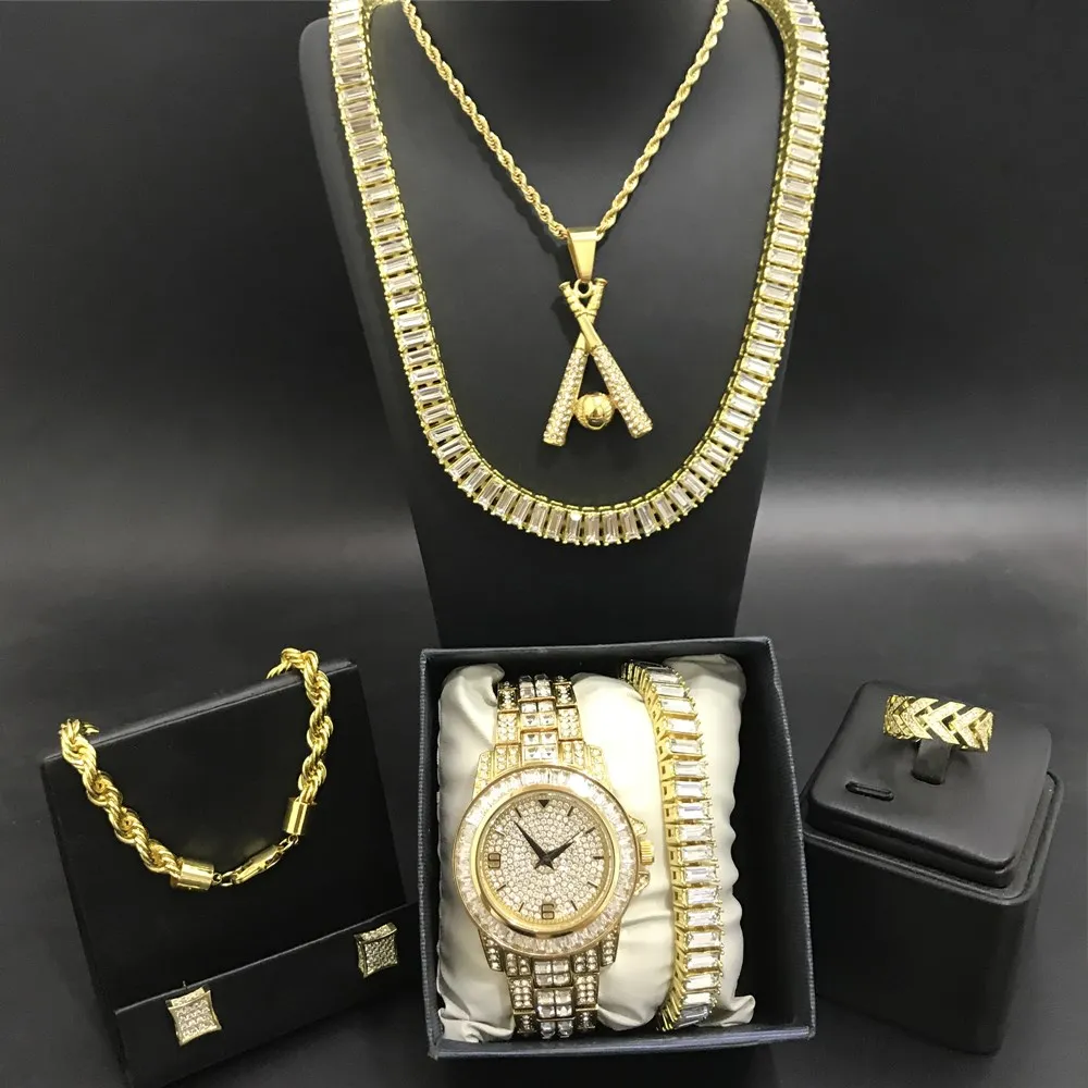 

Luxury Men Gold Color Watch & Neckacle & Braclete & Ring & Earrings Combo Set Ice Out Cuban Jewerly In Crystal Neckalce For Men