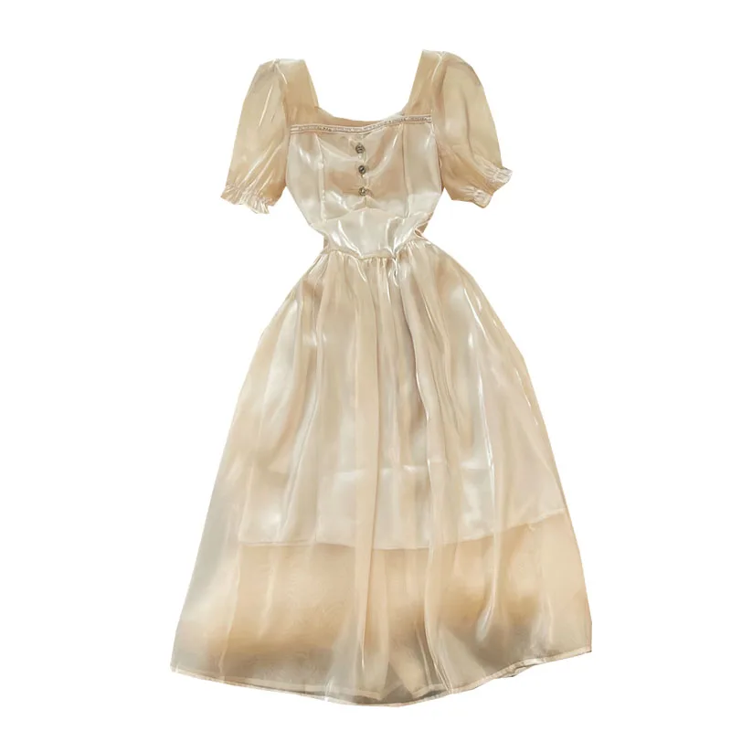 

ZCWXM 2021 Summer Women Dress With Belt French Medium Long Puff Sleeve Slim Vestido A-Line Laday Elegantes Glossy Robe Clothes