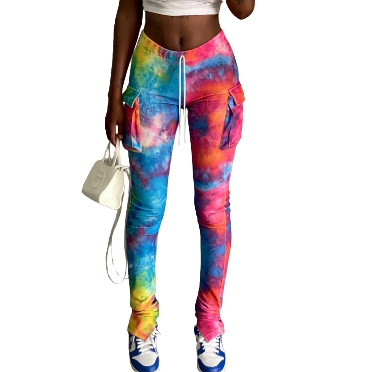 

HAOOHU Sports Pants Pants Draped With Jogger Trousers Print Safari Tie Women Pocket Sweatpants Waist Slit Dye High Sports