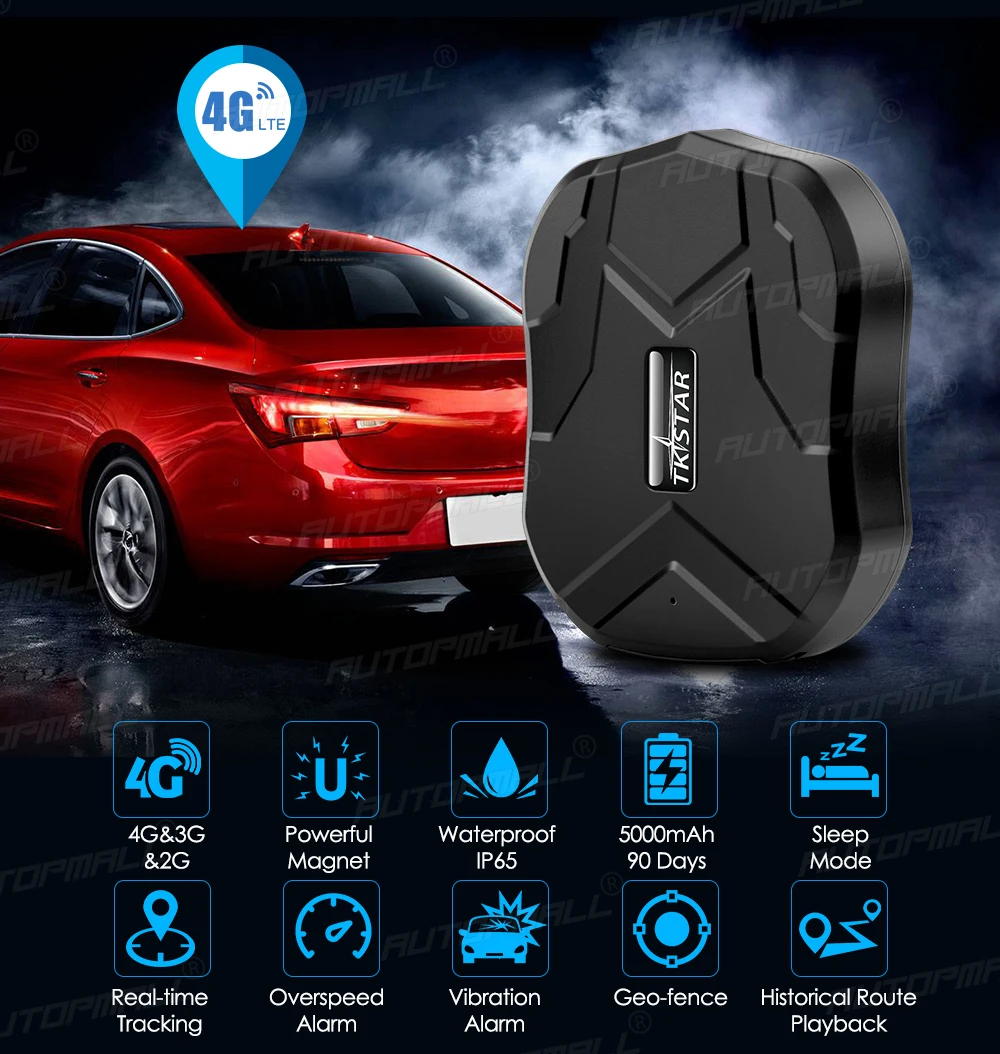 $89.99 AUTOPMALL Car GPS Tracker 4G TKSTAR TK905 B 10000mAh Magnetico 4G GPS Tracker Car Waterproof Shake Alarm Free APP