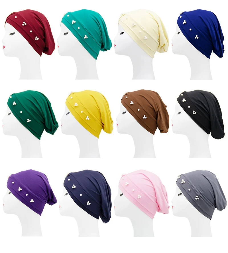 

Модная мусульманская Шапка-тюрбан из бисера, мусульманская женская шапка-тюрбан из модала, однотонная женская шапка-тюрбан с напуском, TB-120