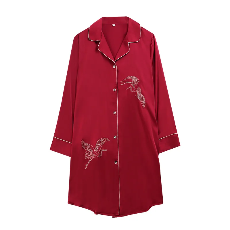

Nightdress Female Summer Long-Sleeved Sleepwear Women Silk Satin Chiffon Crane Dress Mid-Length Lounge Intimate Lingerie