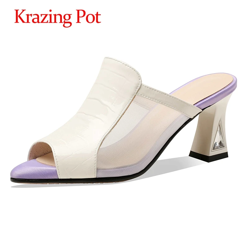 

lenkisen cow leather pointed toe high heels mixed colors beauty lady gentlewomen net yarn open toe slip on women sandals L8f3