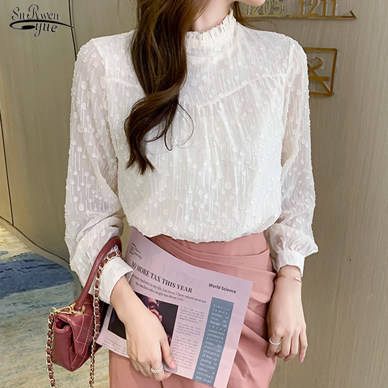 

Sweet Stand-up Collar Lantern Sleeve Shirt Polka Dot Chiffon Shirt Female Light Mature Elegant Long-sleeved Blouse Woman 16268