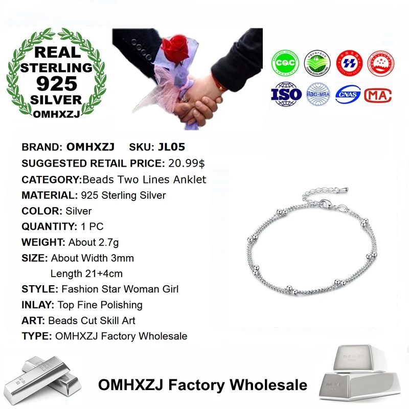 OMHXZJ Wholesale European Fashion Woman Girl Party Birthday Wedding Gift Sweet Beads Two Lines 925 Sterling Silver Anklet JL05 | Украшения