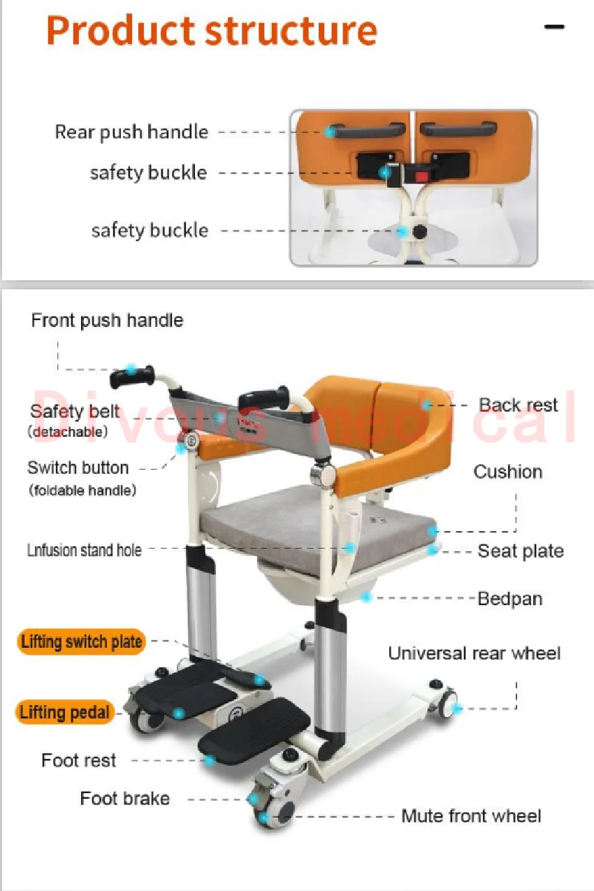 

Free Shipping Pedal Adjust Disabled Aids Elderly Commode Bath Transfer Chair Multi-Function Lifting Manual Mobile Wheelchair