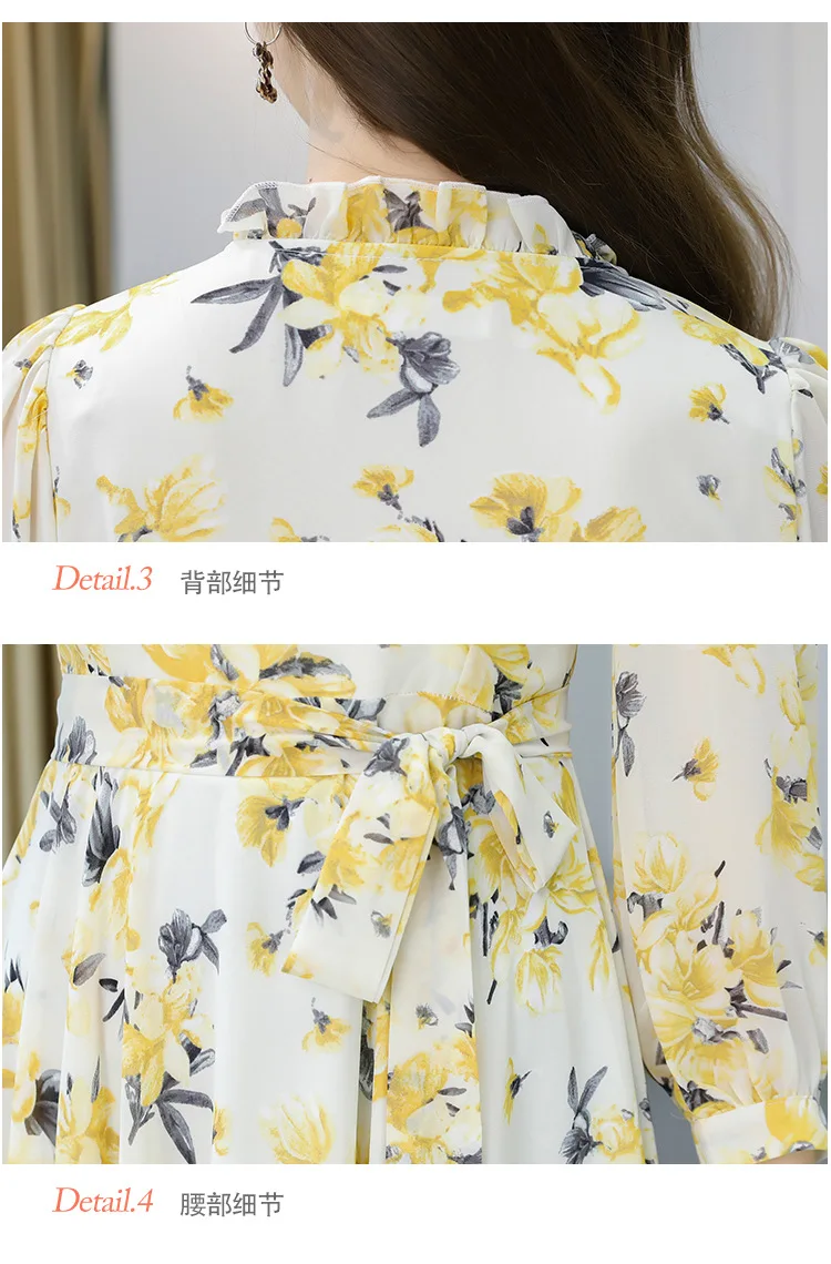 

Korean version of fashion slimmed down long-sleeved women's mid-length collection waist chiffon shredded flower dress tide