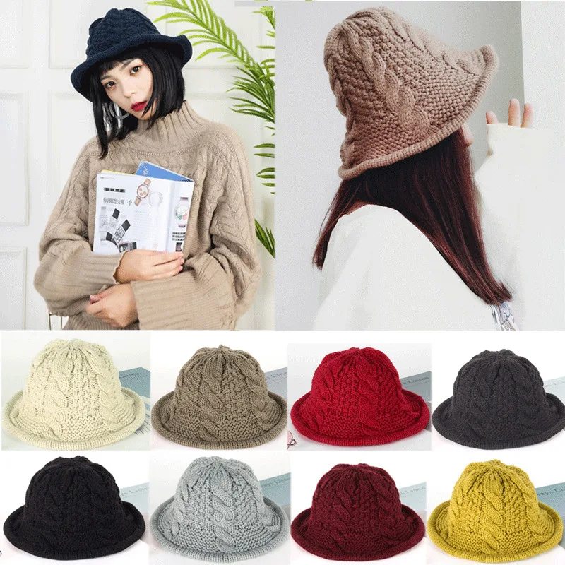 Осенне-зимние модные повседневные женские вязаные шапки-ведерки однотонные