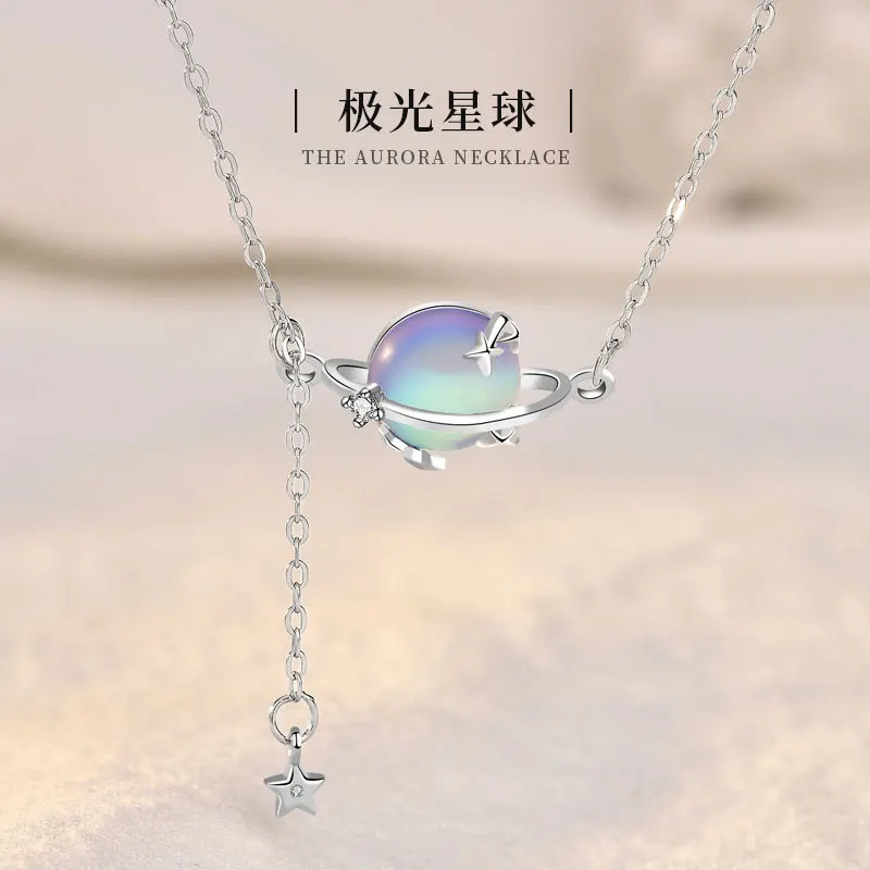 

S925 Sterling Silver Moonstone Planet Design Female Clavicle Chain Necklace