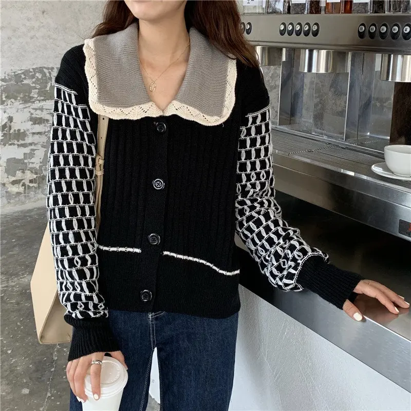 RealShe свитер кардиган для женщин Питер Пэн воротник пуговицы пэчворк женский 2019