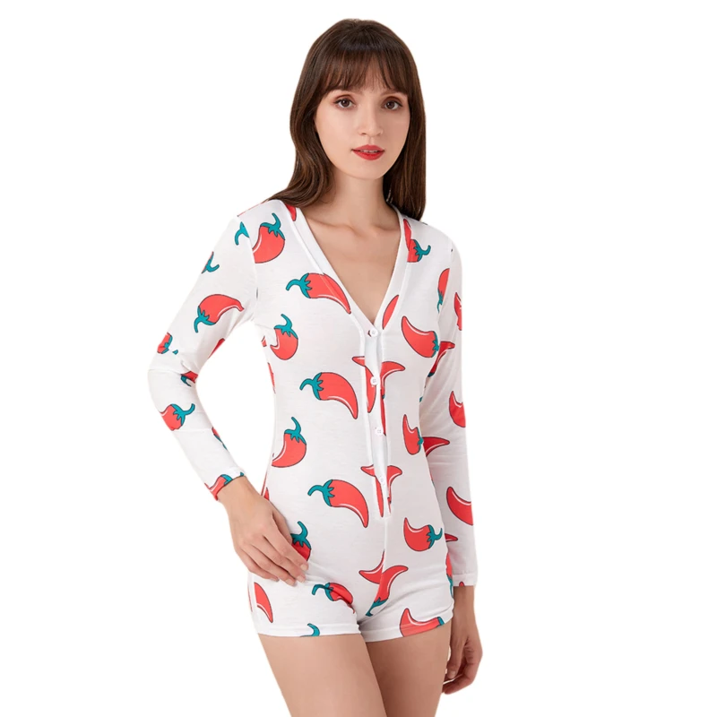 

Peachy Spicy Print Button Sleepwear Jumpsuit Womens Sexy V-Neck Long Sleeve Bodycon Casual Shorts Romper Leotard