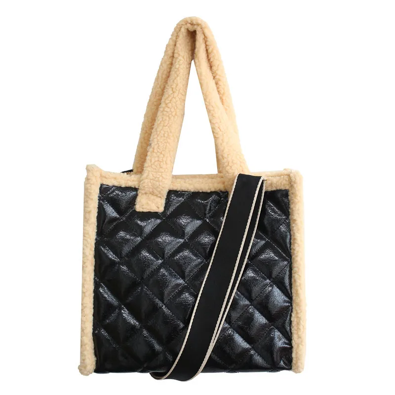 

New Style Plush Tote Bag Ladies Large PU Leather Messenger Bag Trendy Ladies Brand Trendy Classic Rhombus One-shoulder Handbag