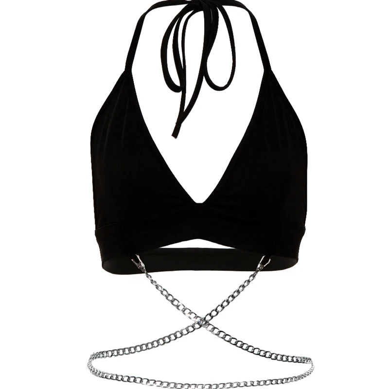 

XUXI Women Sexy Camisole Streetwear Sexy Halterneck T-shirt With Chain Stitching Female Summer 2021 Sandy Beach Top E638