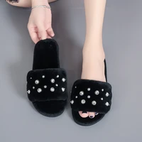 winter women slippers pearl decoration cotton slippers slip on faux fur warm shoes non slip home slippers indoor women slides