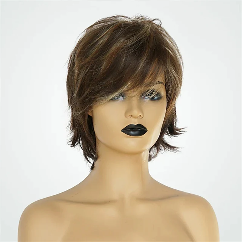 

real Human Hair Blend Wig Short Straight Mixed Hairstyles Straight With Bangs Capless Women's Wigs