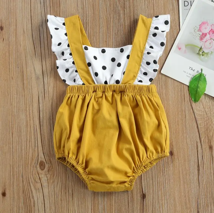 

Baby Girl Sweet Ruffles Fly Sleeve Romper Fashion Polka Dot Stitching Bandage Patchwork Jumpsuits Bodysuits