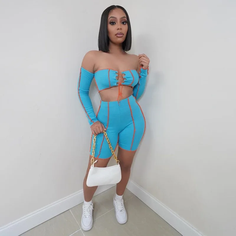 

LEOSOXS Off Shoulder Sexy Top+Biker Shorts Matching Set Women Patchwork Bandage Backless 2 Piece Outfits Street Style Summer Set