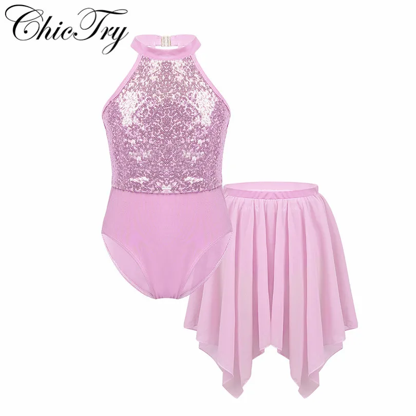 Шифоновый балетный купальник для девочек с блестками воротником холтером И