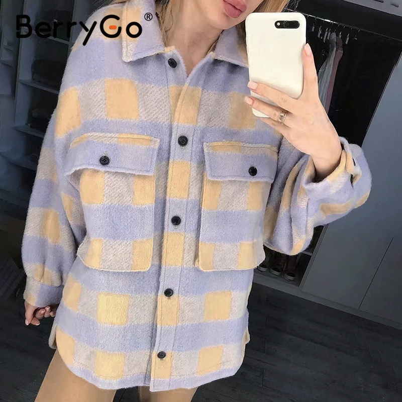 

BerryGo Casual plaid jacket coat women Puff sleeve button pockets outwear female jackets 2020 Spring autumn ladies long coats