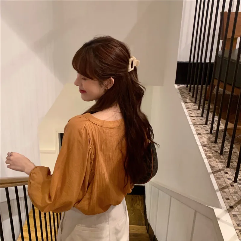 

sweet style solid v-neck long sleeve Blouses Women's Clothing spring autumn new Korean loose casual Shirts fashion ladies tops
