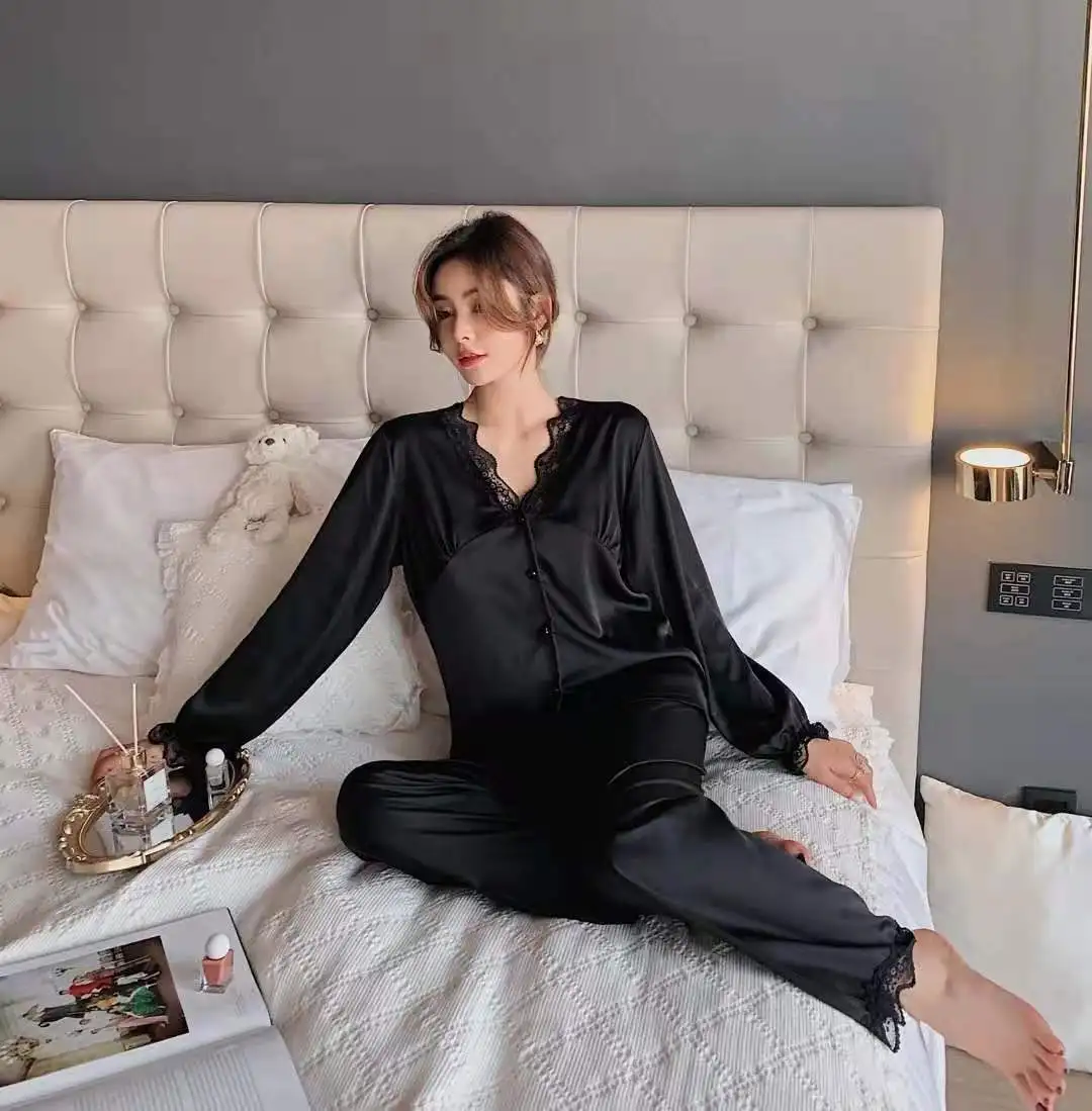 

Spring Autumn New Women 2PCS Pajamas Suit Silky Nightwear Intimate Lingerie Casual Satin Sleepwear Lounge Wear Sexy Homewear