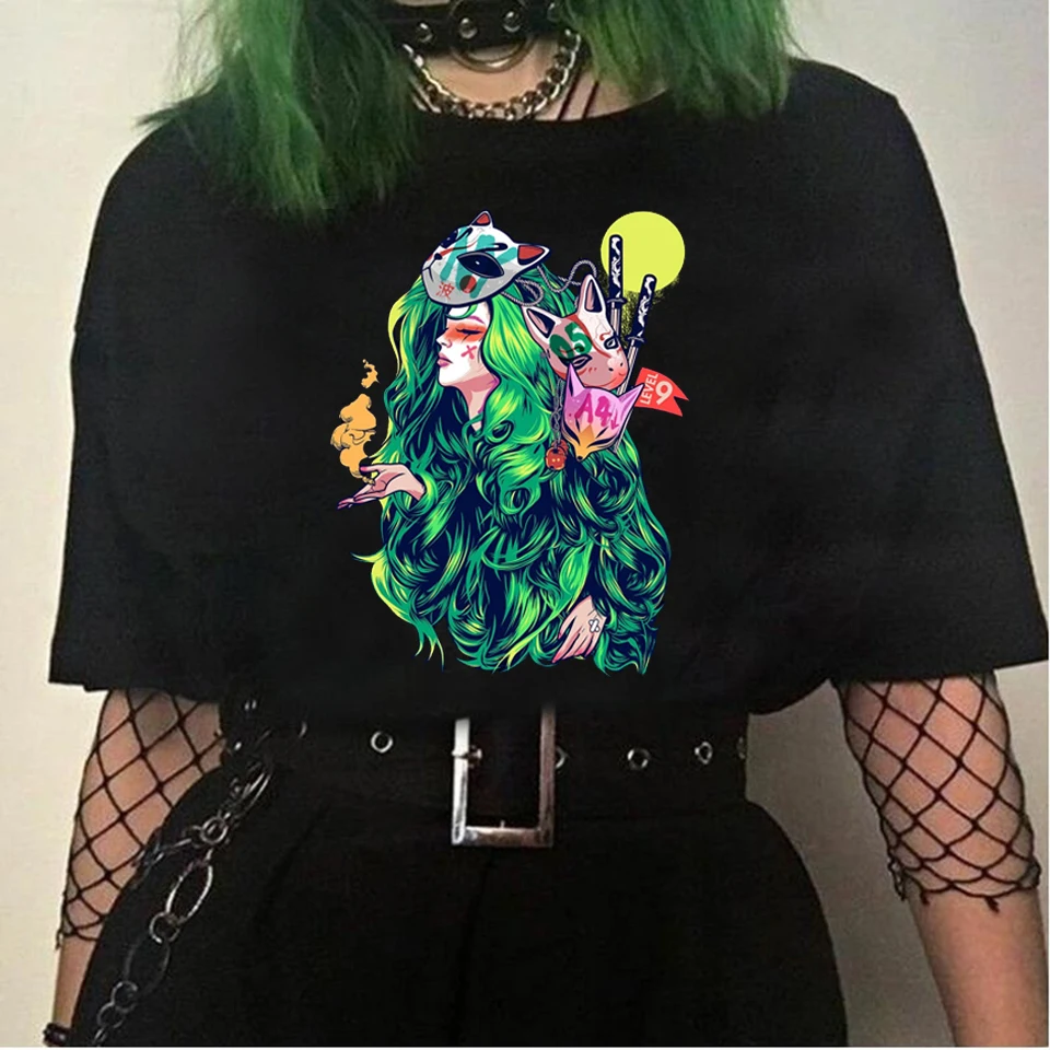 

New cartoon print women's T-shirt casual round neck top loose Harajuku short-sleeved T-shirt Korean black clothes.