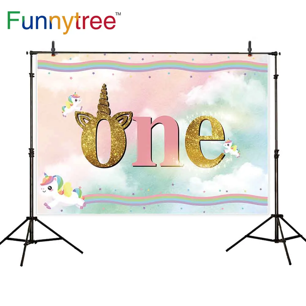 

Funnytree Unicorn One birthday Rainbow backdrop Baby Shower Party lovely Background photocall Home decor Photozone Table Banner