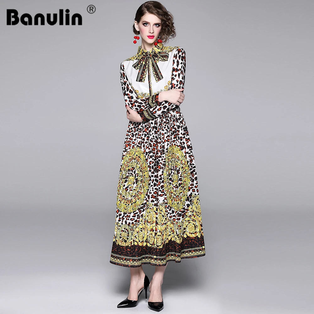 Banulin осень зима женское леопардовое платье Женский галстук бабочка воротник с