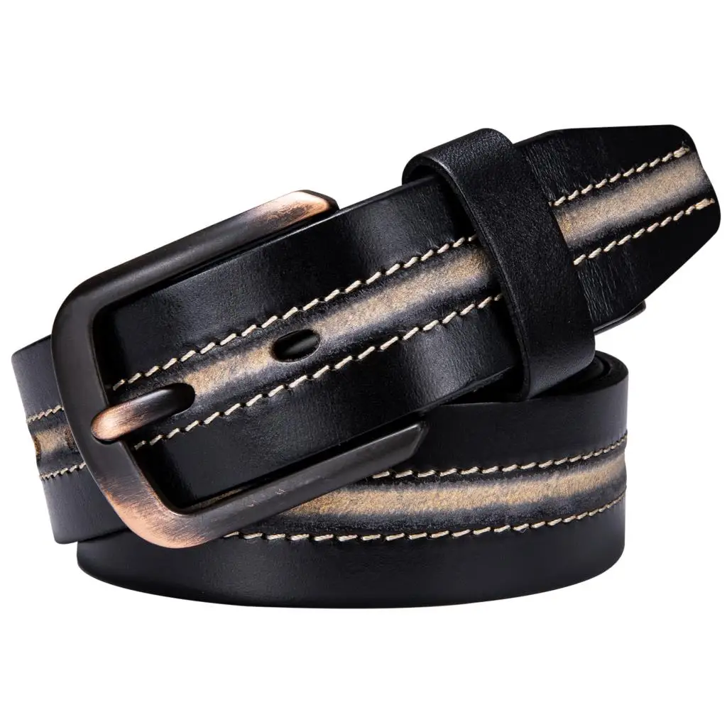 2019 New Contrast Leather Belt for Men Cowhide Waist Belt with Pin Buckle Retro Single Prong Buckle  Holes Strap for Jeans Pants