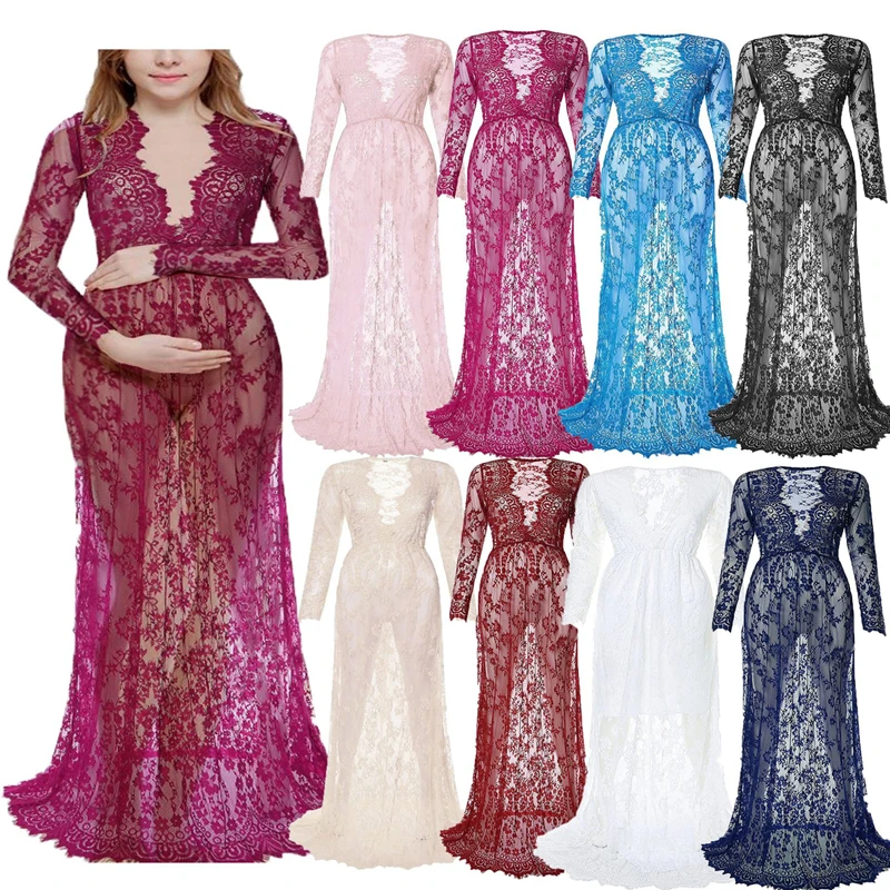 Summer Pregnant Lace Dress Women Front Split Long Maxi Maternity Multicolor Lace Dress Gown Photography Prop See Through Dress