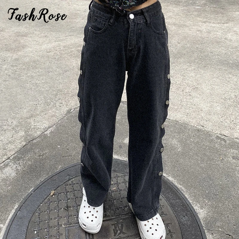 

Модные городские джинсы с боковыми пуговицами, модные мешковатые джинсы, прямые с высокой талией, Y2K, винтажные уличные брюки, брюки в стиле ...