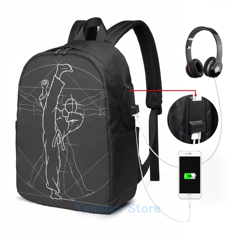 Funny Graphic print Tae Kwon Do Roundhouse Kick Vitruvian Man USB Charge Backpack men School bags Women bag Travel laptop | Багаж и сумки