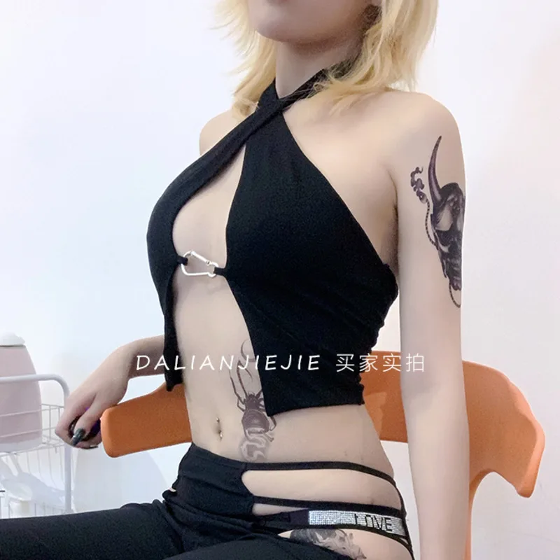 

WOMENGAGA Sexy Metal Hook Hot Girls Street Thin Vest Women Strap Backless Hot Sexy Korean Women Tank Tops Bandage Top 7KO1