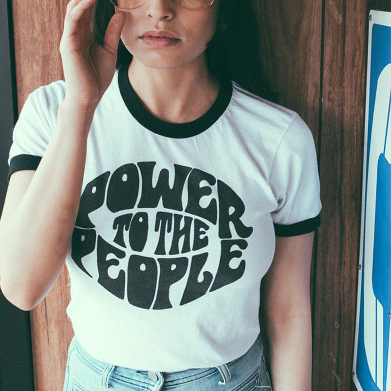 Vintage Style Power To The People Slogan Fashion T-Shirt Women Summer Casual Ringer Tee Equality Shirt Justice Graphic Tops | Женская
