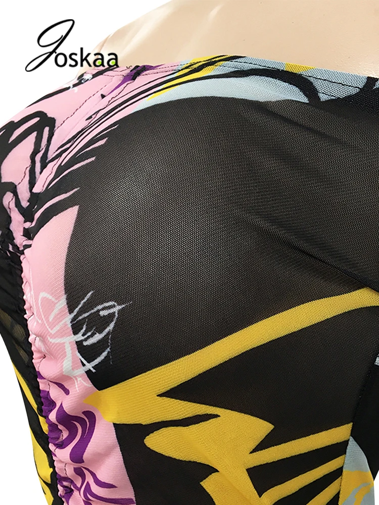 

Joskaa Printed Flare Sleeve Drawstring Bodycon Mini Dress Women Fashion Commuting Clothing Summer 2021 Birthday Party Clubwear