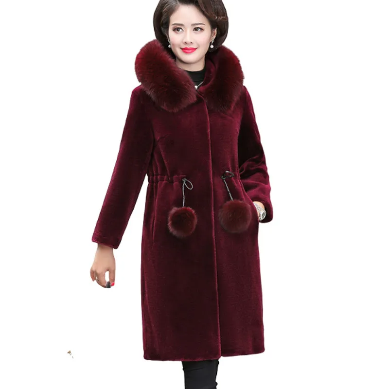 

Winter Women's Faux Wool Coat High Quality Faux Coats Warm Hooded Fur Collar Lmitation Water Velvet Long Coat Slim Female Jacket