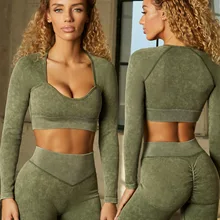 Conjunto de roupas femininas para prática esportiva, kit sem costura para ioga, esportes e exercícios, para mulher manga longa, crop top, cintura alta, legging, 2/3/5 unidades (4)