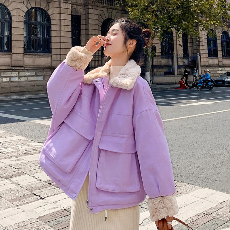 Женское пальто из овечьей шерсти черное Свободное с воротником-стойкой в