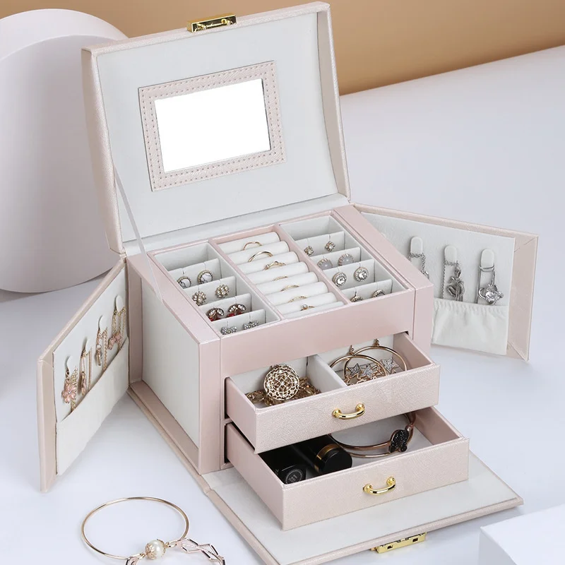 

2021 New Luxury Three-tier Storage Jewelry Box With Mirror Portable Silk Thread Storage Box Stud Earrings Ring Jewelry Box
