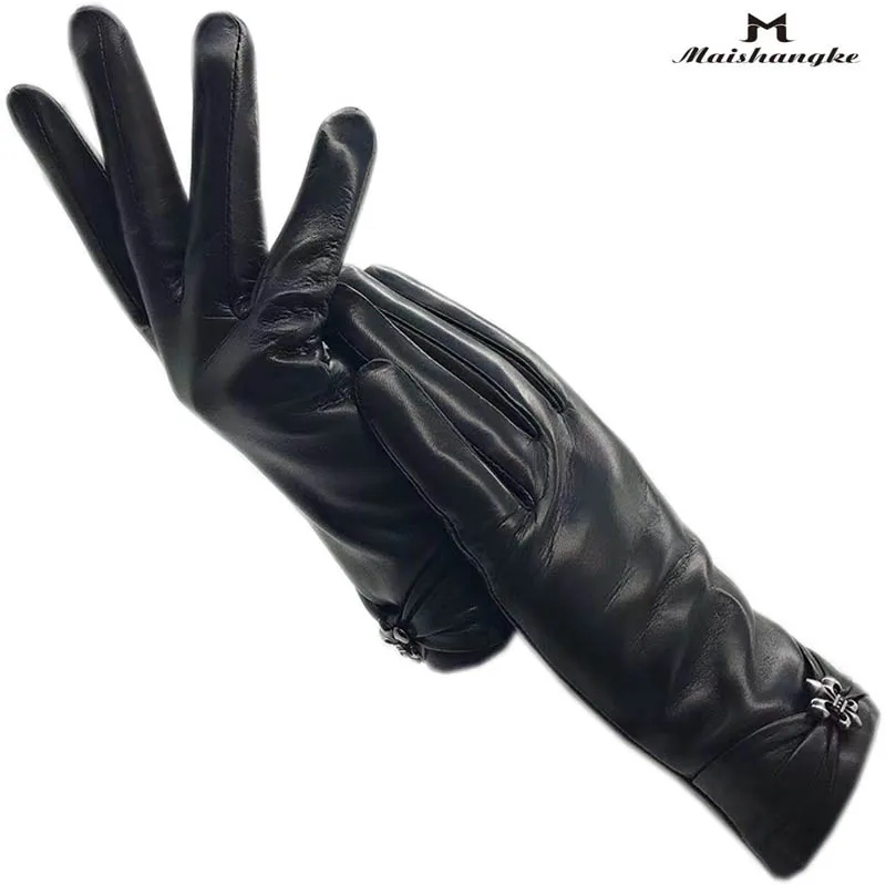 Winter Girls Leather Leather Gloves Ladies Wrist Fashion Black Sheepskin Gloves New Warm Leather Accessories Driving Motorcycle