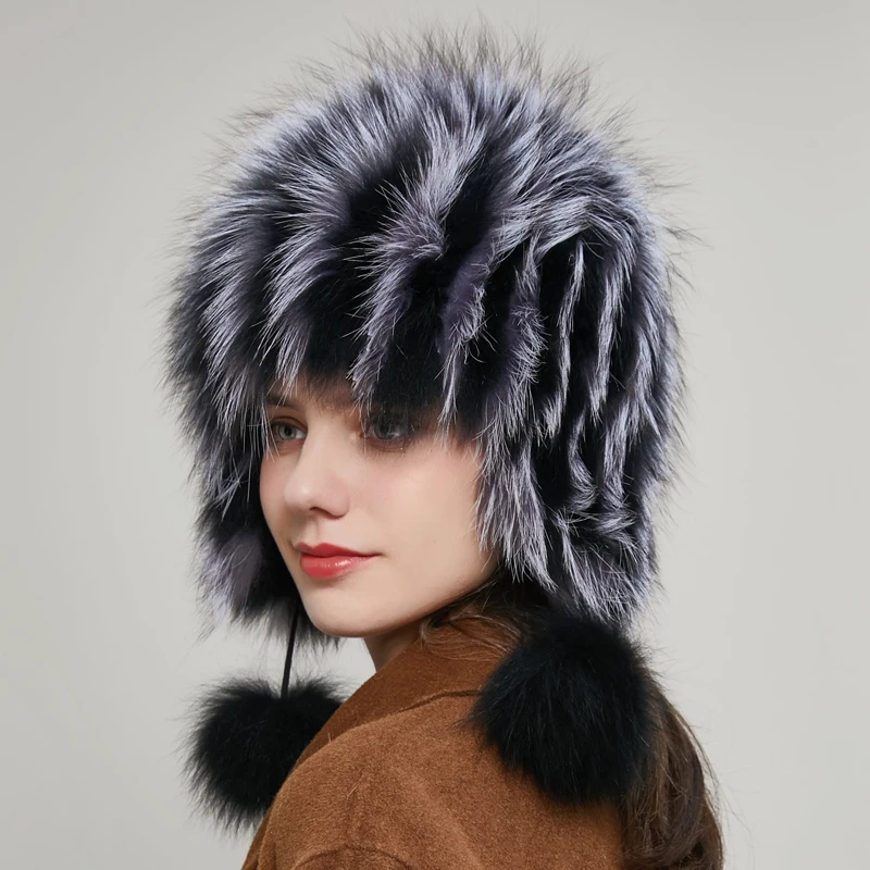 JKP 100% Women Winter Natural Silver Fox Fur Knitted Cap Female Real Fox Fur Bomber Hat Ear Warm Winter Cap